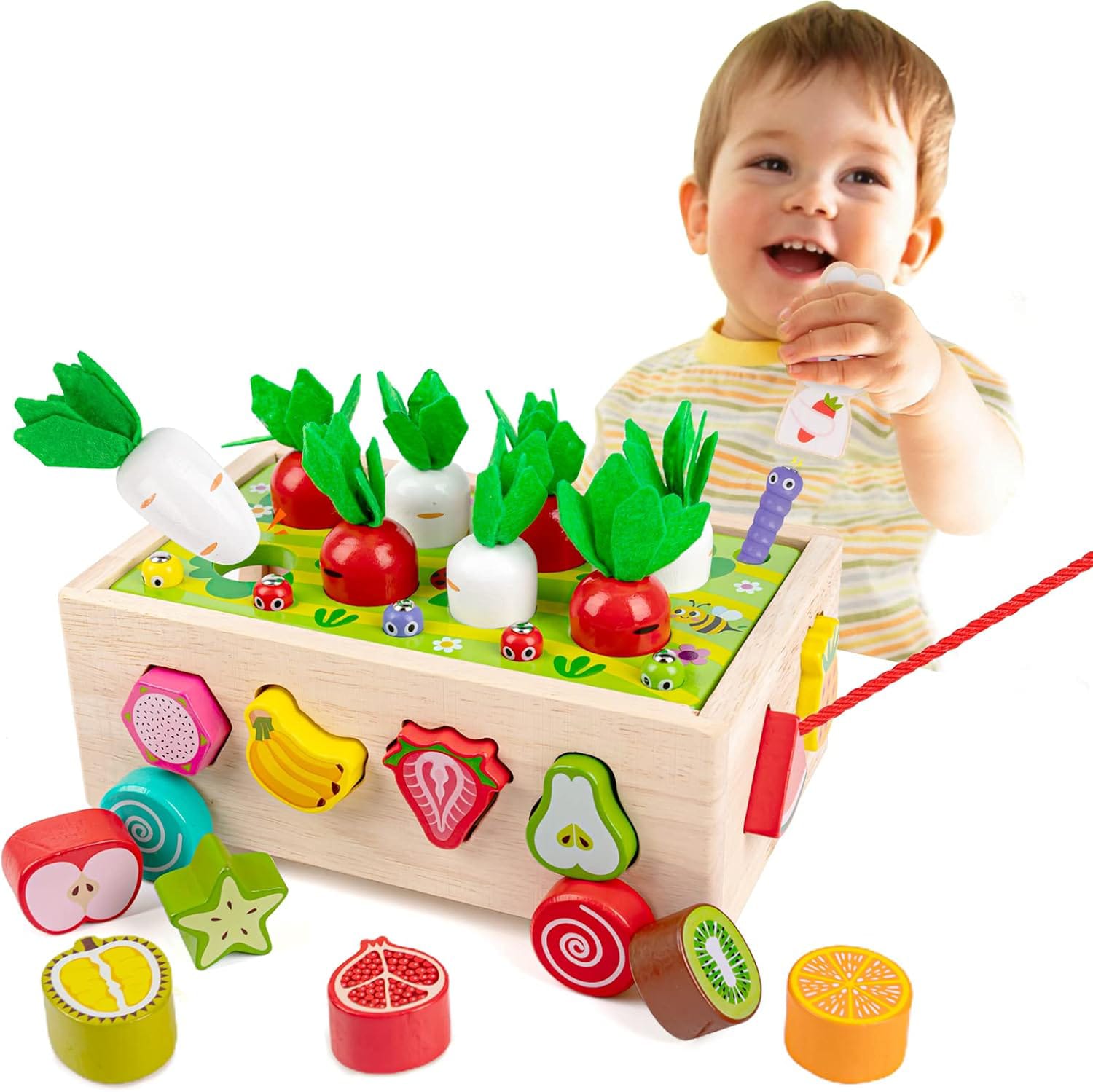 Montessori Wooden 7-in-1 Preschool Farm Game – Shape Sorting, Fruit & Vegetable Harvest, Pull Cart, Worm Fishing, Color & Number Matching Toy – Fine Motor Skill Educational Toy for Toddlers Boys Girls