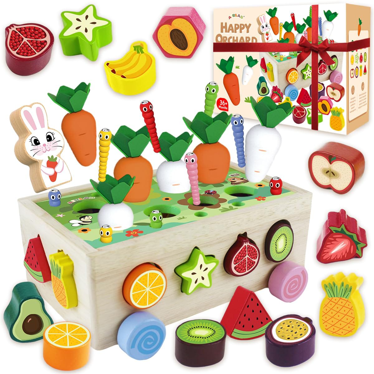 Montessori Wooden 7-in-1 Preschool Farm Game – Shape Sorting, Fruit & Vegetable Harvest, Pull Cart, Worm Fishing, Color & Number Matching Toy – Fine Motor Skill Educational Toy for Toddlers Boys Girls