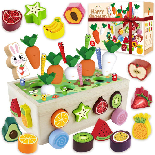 Montessori Wooden 7-in-1 Preschool Farm Game – Shape Sorting, Fruit & Vegetable Harvest, Pull Cart, Worm Fishing, Color & Number Matching Toy – Fine Motor Skill Educational Toy for Toddlers Boys Girls