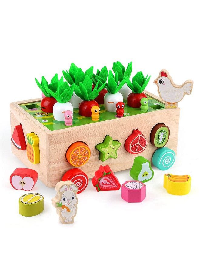 Montessori Wooden 7-in-1 Preschool Farm Game – Shape Sorting, Fruit & Vegetable Harvest, Pull Cart, Worm Fishing, Color & Number Matching Toy – Fine Motor Skill Educational Toy for Toddlers Boys Girls