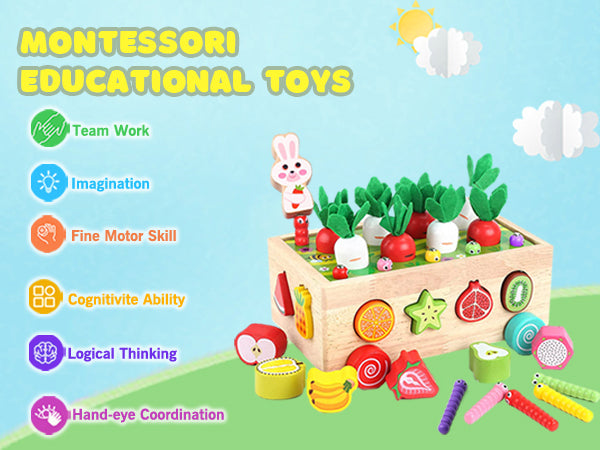 Montessori Wooden 7-in-1 Preschool Farm Game – Shape Sorting, Fruit & Vegetable Harvest, Pull Cart, Worm Fishing, Color & Number Matching Toy – Fine Motor Skill Educational Toy for Toddlers Boys Girls